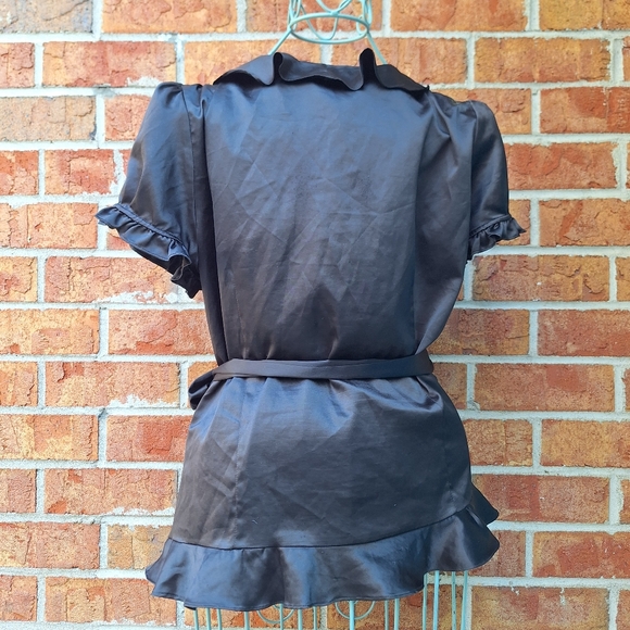 Wrap-Around Top Vintage Black Satin Ruffle Puff Sleeve Blouse - Picture 4 of 16